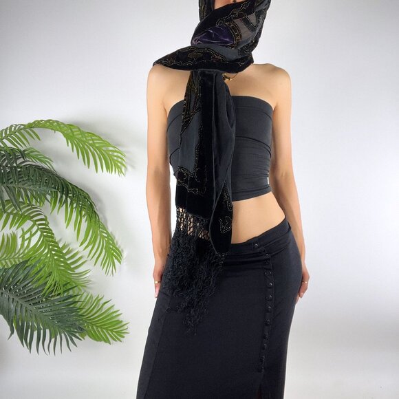 Vintage Black & Gold Silk Floral Velvet Whimsygoth Fairy Grunge Shawl Scarf - Picture 7 of 8